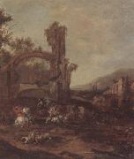 unknow artist, An architectural capriccio with a cavalry engagement,a landscape beyond